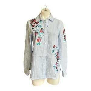 Marciano Blue and White Striped Button Up with Red Floral Embroidery Small [007]